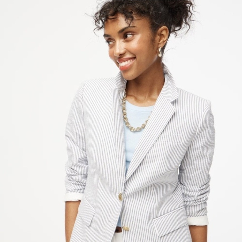 J. Crew Blue & White Stripe Cotton Seersucker Jacket Blazer Size 2 Nautical Prep